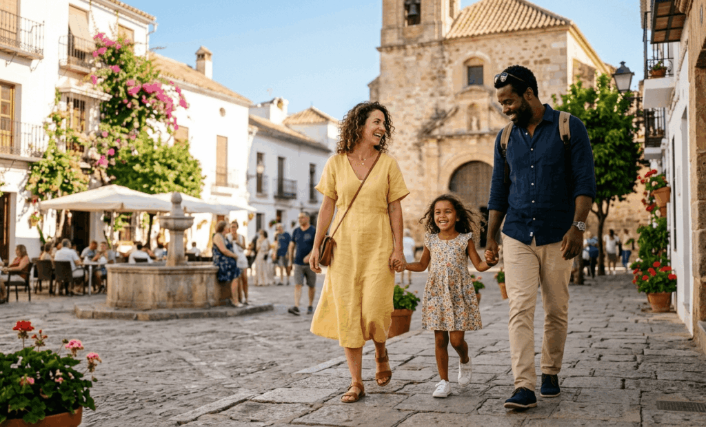 Familia disfrutando del clima en España representando los requisitos económicos acumulativos del visado no lucrativo