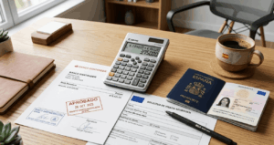 : Pasaporte español, calculadora y documentos de solicitud de visado de residencia no lucrativa en un escritorio.