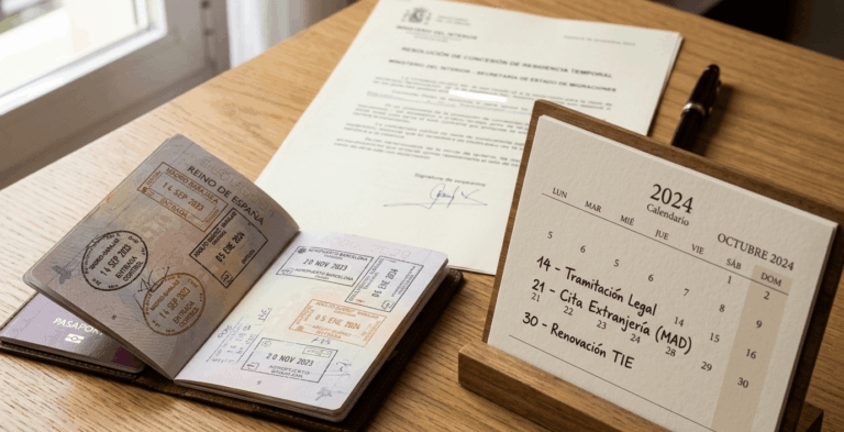 Pasaporte abierto sobre un escritorio con un sello de entrada a España y un calendario marcado con 183 días de residencia legal.